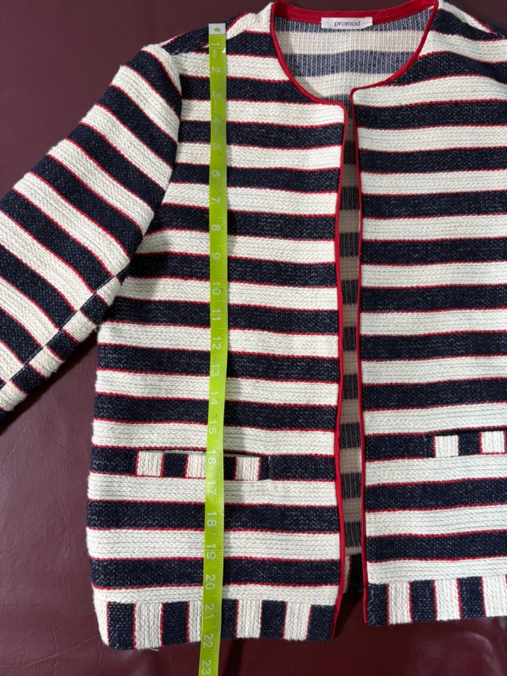 Promod Parisian Tweed Striped Knit Jacket | French Nautical Red Trim Blazer S - Picture 9 of 13